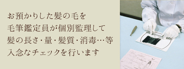 お預かりした髪の毛を毛筆鑑定員が個別監理して髪の長さ・量・髪質・消毒…等入念なチェックを行います